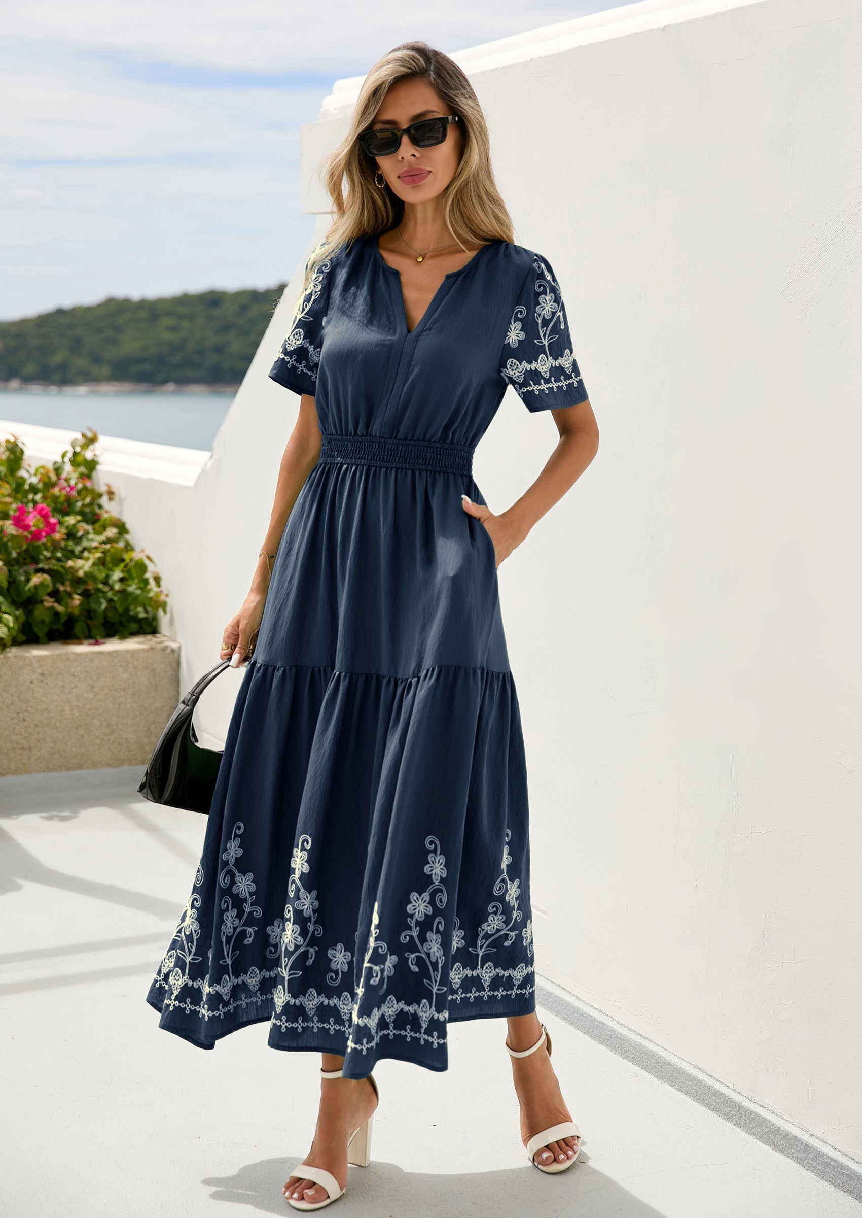PRETTYGARDEN Women's Summer Boho Maxi Dress Spring Floral Short Sleeve V Neck A Line Flowy Beach Wedding Guest Dresses