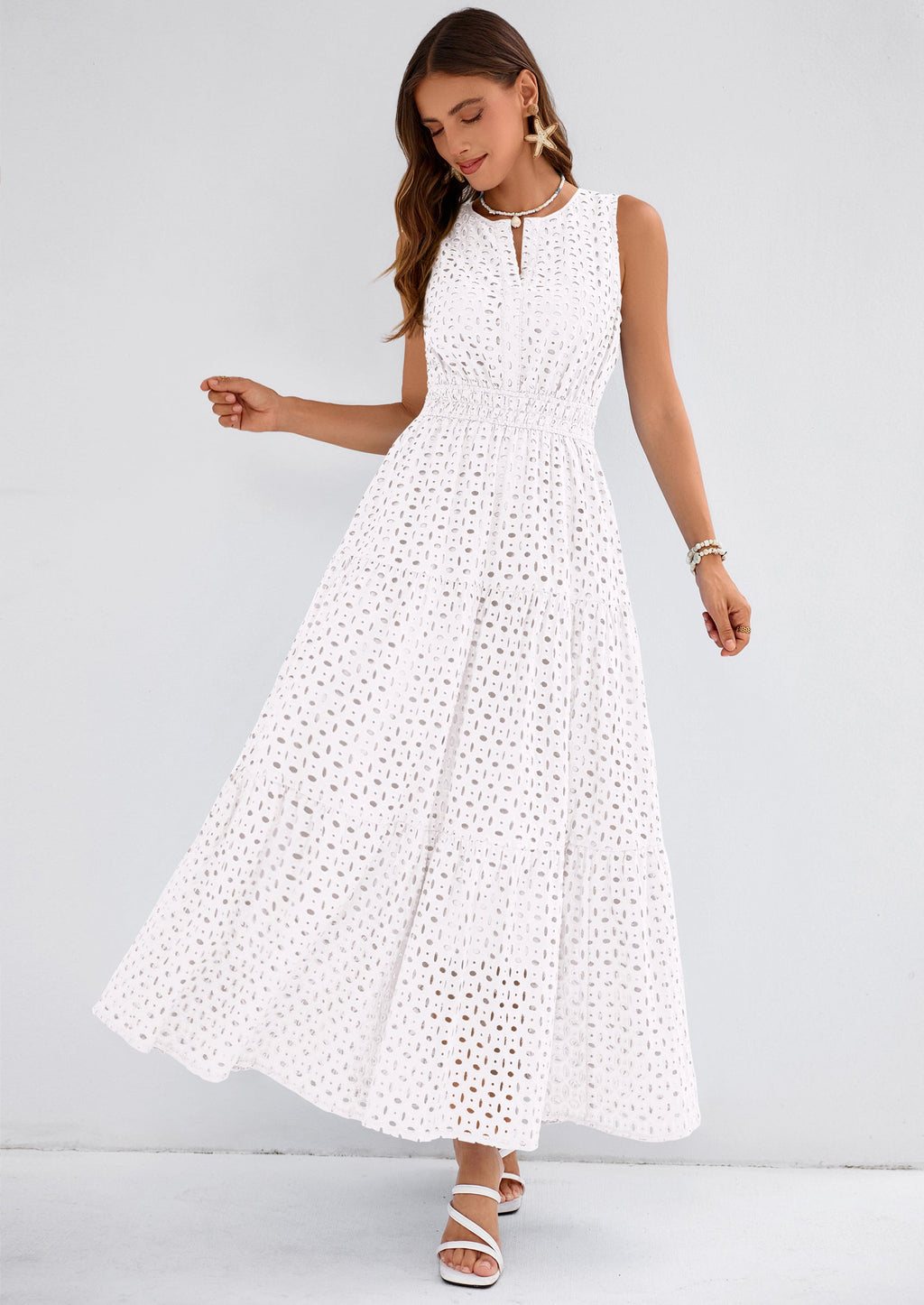 PRETTYGARDEN Summer Dresses for Women Sundresses Sleeveless V Neck Eyelet A Line Flowy Beach Vacation Spring Maxi Dress