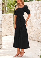 PRETTYGARDEN Women's Casual Midi Dresses Square Neck Short Sleeve Smocked A Line Floral Flowy Elegant Boho Dress