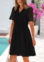 PRETTYGARDEN Women's Short Sleeve Mini Dress Summer V Neck Hollow Out Eyelet Ruffle A Line Swing Short Dresses