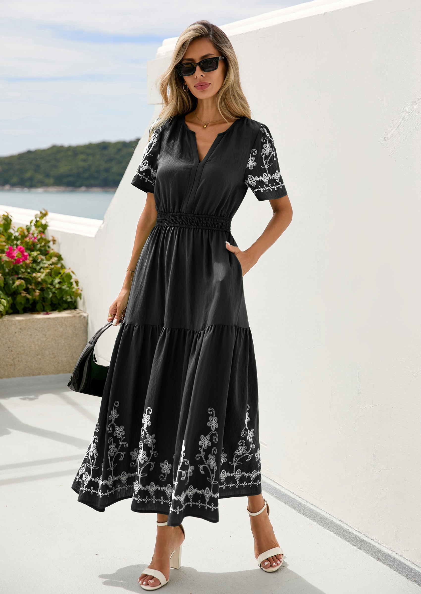 PRETTYGARDEN Women's Summer Boho Maxi Dress Spring Floral Short Sleeve V Neck A Line Flowy Beach Wedding Guest Dresses