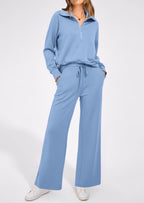 PRETTYGARDEN Women's 2 Piece Outfits Casual Lapel Half Zip Sweatshirts And Wide Leg Pants Tracksuit Sets