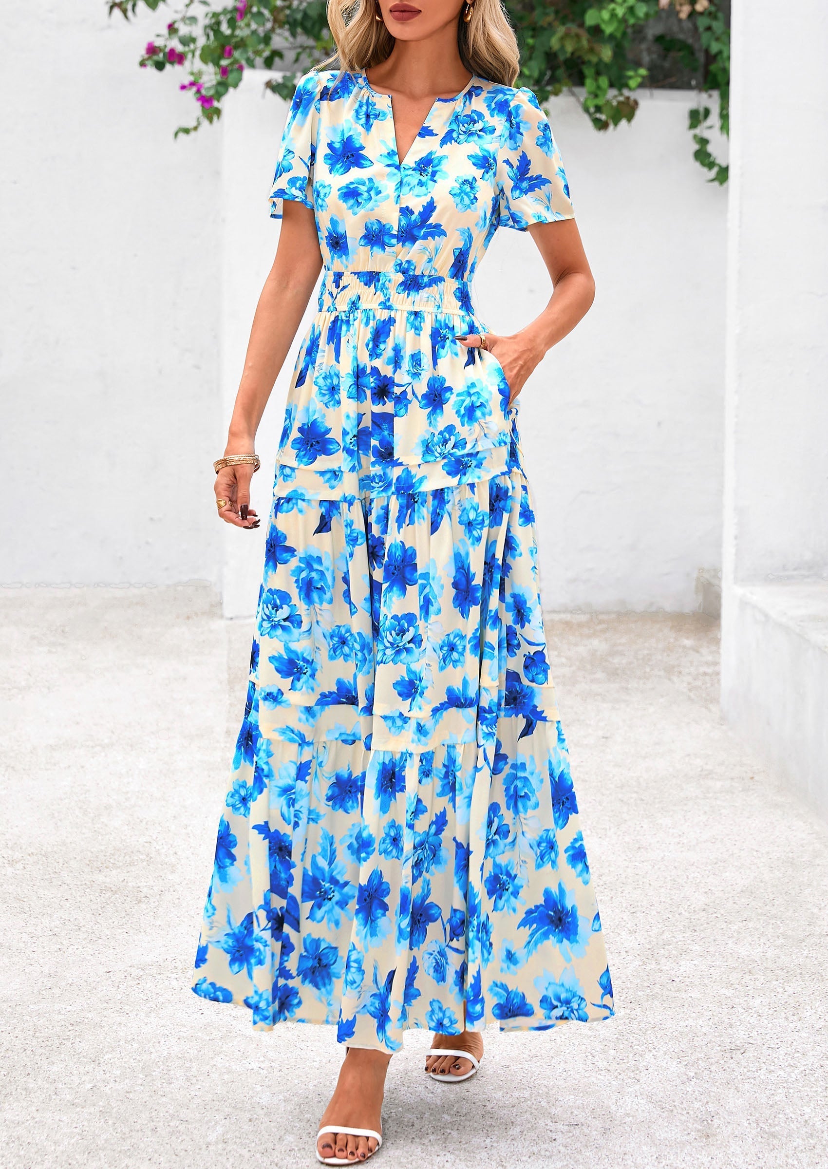 PRETTYGARDEN Women's Boho Maxi Dresses Floral Short Sleeve V Neck A Line Tiered Flowy Long Beach Vacation Dress