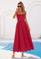 PRETTYGARDEN Womens Sleeveless Maxi Summer Dresses Hollow Out Eyelet Square Neck Ruffle Flowy Beach Vacation Sundress