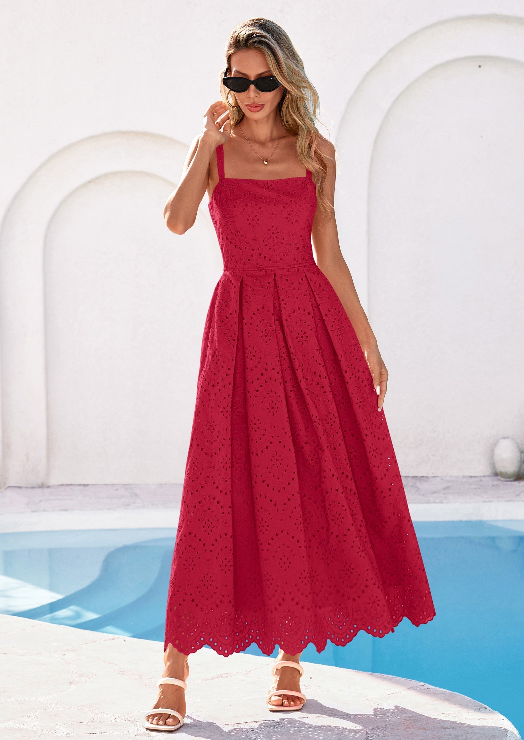 PRETTYGARDEN Womens Sleeveless Maxi Summer Dresses Hollow Out Eyelet Square Neck Ruffle Flowy Beach Vacation Sundress