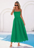 PRETTYGARDEN Womens Sleeveless Maxi Summer Dresses Hollow Out Eyelet Square Neck Ruffle Flowy Beach Vacation Sundress