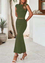 PRETTYGARDEN Summer 2 Piece Sets for Women Going Out Casual Cap Sleeve Crop Tops Ruched Maxi Long Skirts Spring Outfits