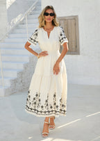 PRETTYGARDEN Women's Summer Boho Maxi Dress Spring Floral Short Sleeve V Neck A Line Flowy Beach Wedding Guest Dresses