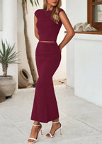 PRETTYGARDEN Summer 2 Piece Sets for Women Going Out Casual Cap Sleeve Crop Tops Ruched Maxi Long Skirts Spring Outfits