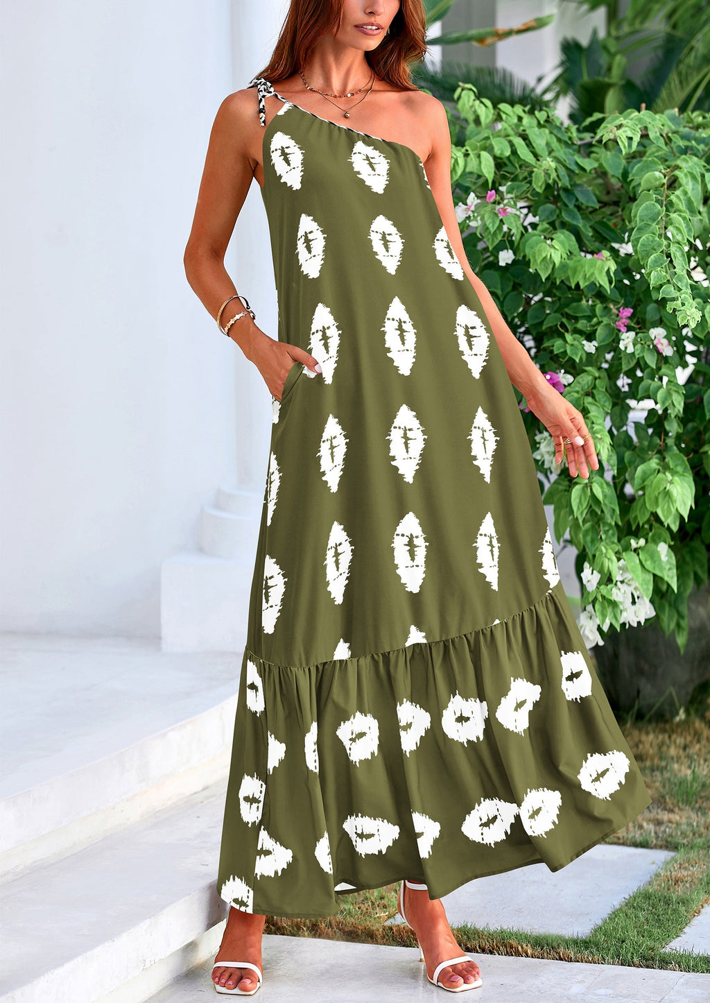 PRETTYGARDEN Women's Summer Maxi Dresses One Shoulder Printed Flowy Boho Beach Vacation Long Sundress