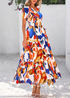 PRETTYGARDEN Women's Boho Maxi Dresses Floral Short Sleeve V Neck A Line Tiered Flowy Long Beach Vacation Dress