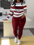 Two-piece Set Women's Striped and Letter Print Tee & Elastic Waist Pants