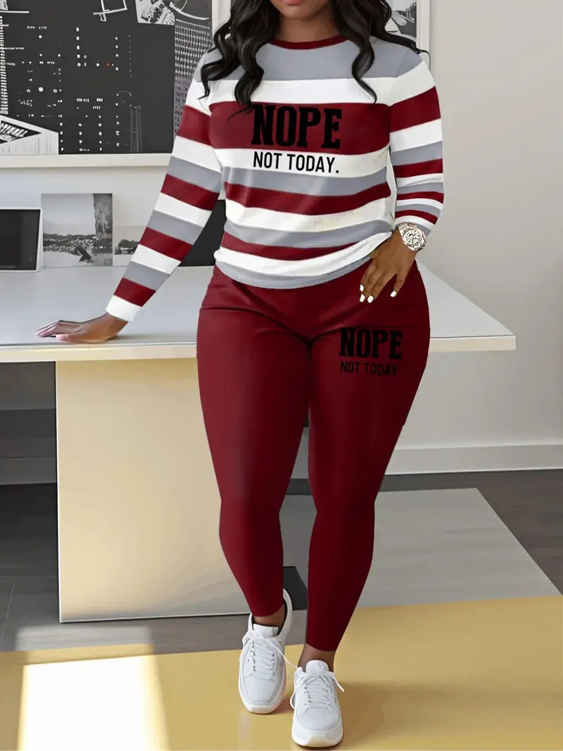 Two-piece Set Women's Striped and Letter Print Tee & Elastic Waist Pants