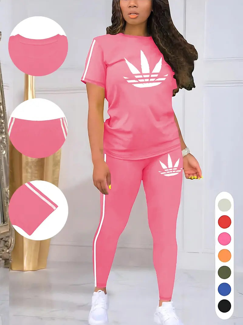 Women's Printed Casual Sporty Round Neck Drawstring Short Sleeve and Long Pants Two-Piece Set