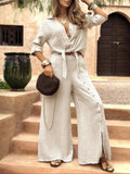 Women's Long Sleeve Loose Fit Shirt Set with Tie Hem, Single Button Decorated Wide Leg Pants, Casual All Season Outfit