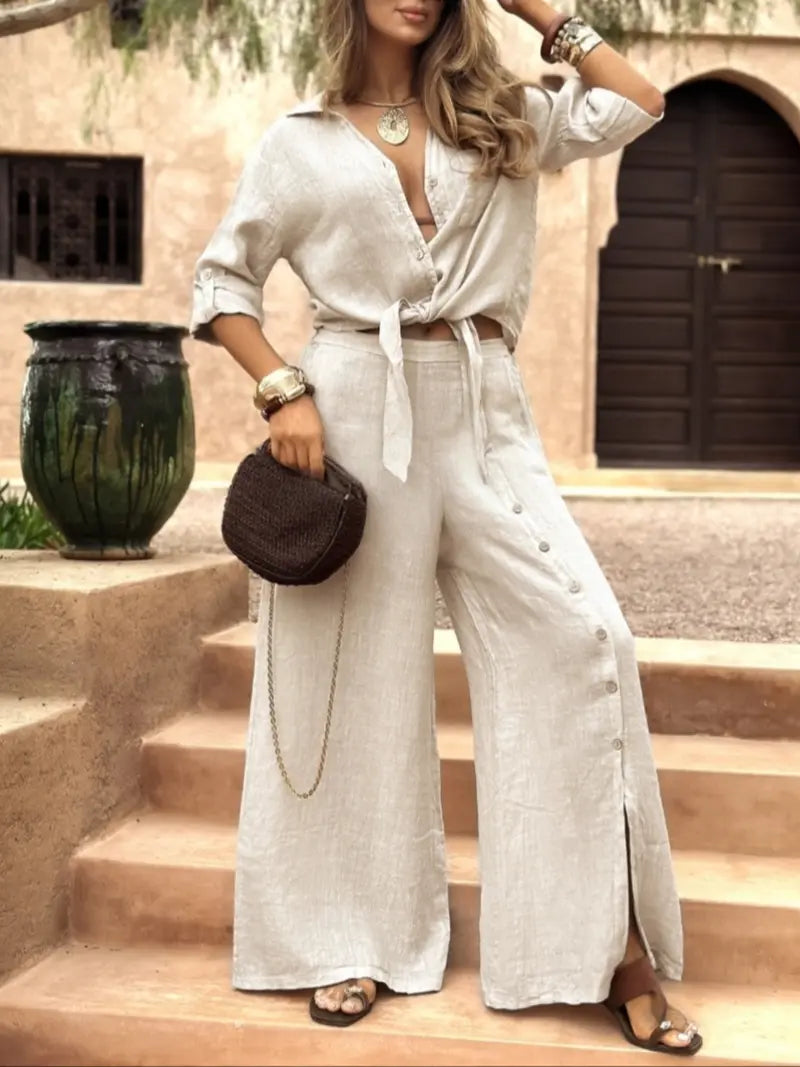 Women's Long Sleeve Loose Fit Shirt Set with Tie Hem, Single Button Decorated Wide Leg Pants, Casual All Season Outfit