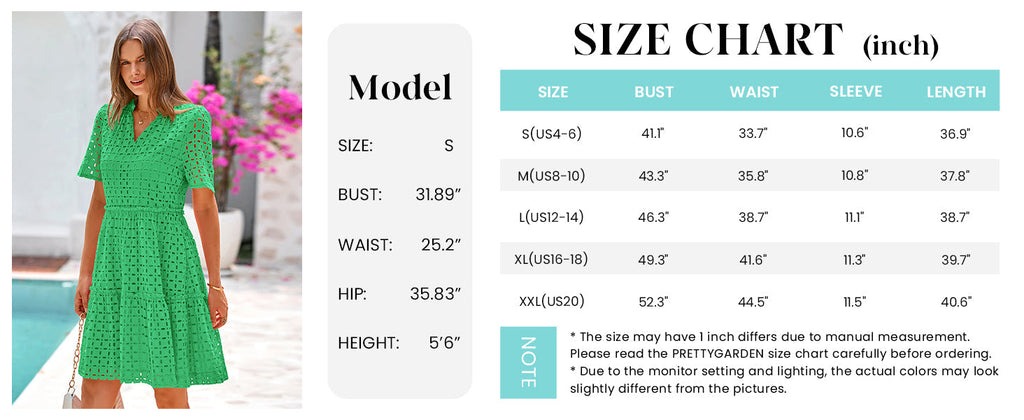 PRETTYGARDEN Women's Short Sleeve Mini Dress Summer V Neck Hollow Out Eyelet Ruffle A Line Swing Short Dresses