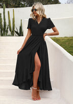 PRETTYGARDEN Women's Summer Maxi Dress Casual Wrap Floral Boho Short Sleeve V Neck Split Ruffle Beach Long Dresses