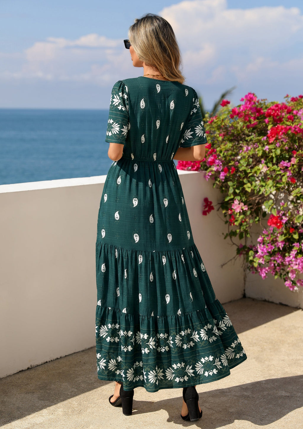 PRETTYGARDEN Womens Summer Boho Maxi Dress Trendy Short Sleeve V Neck Flowy Beach Floral Dresses with Pockets