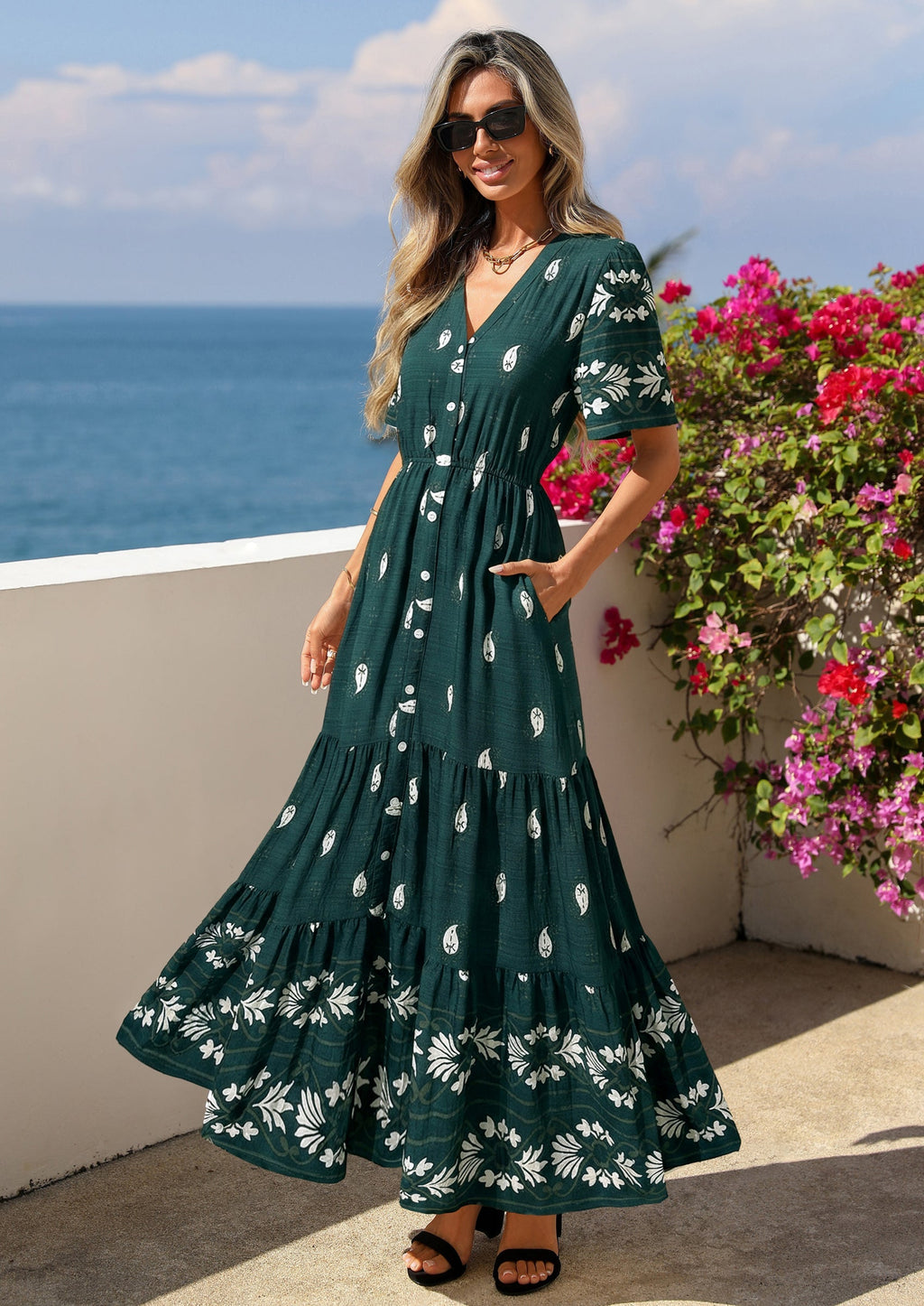 PRETTYGARDEN Womens Summer Boho Maxi Dress Trendy Short Sleeve V Neck Flowy Beach Floral Dresses with Pockets