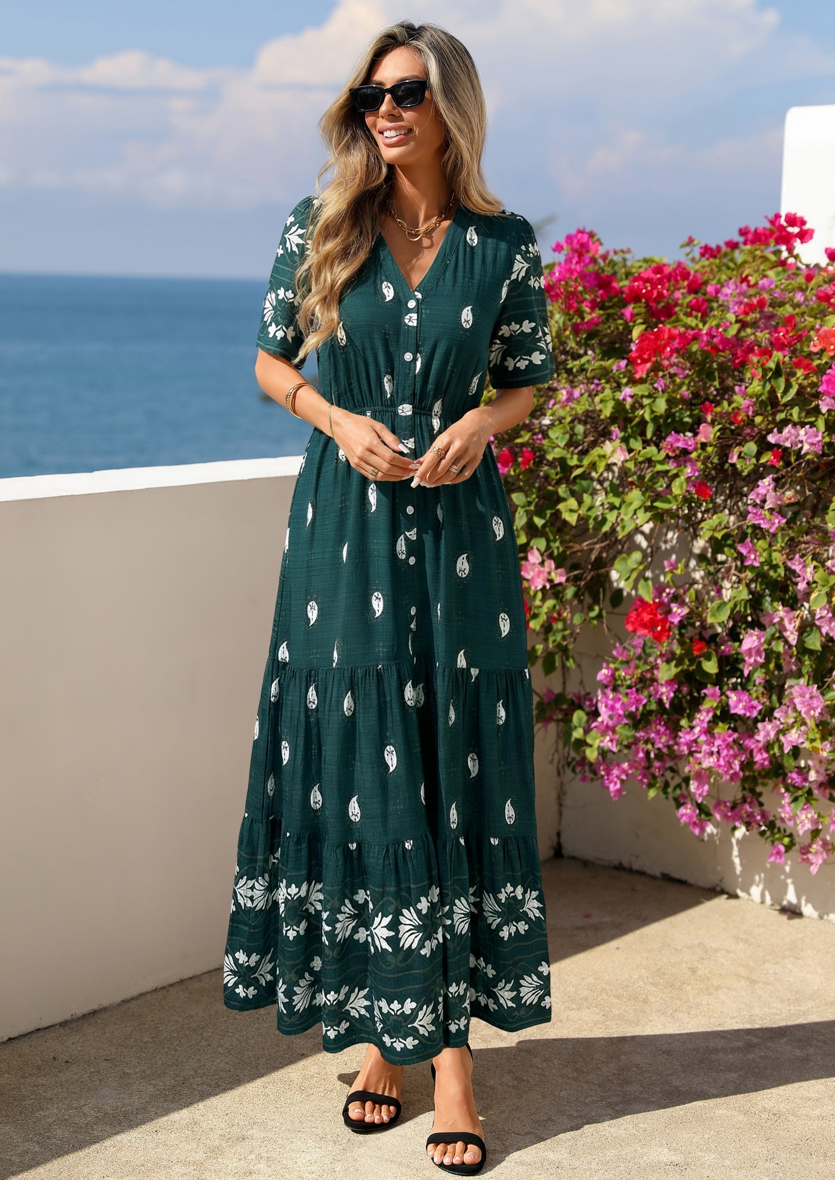 PRETTYGARDEN Womens Summer Boho Maxi Dress Trendy Short Sleeve V Neck Flowy Beach Floral Dresses with Pockets