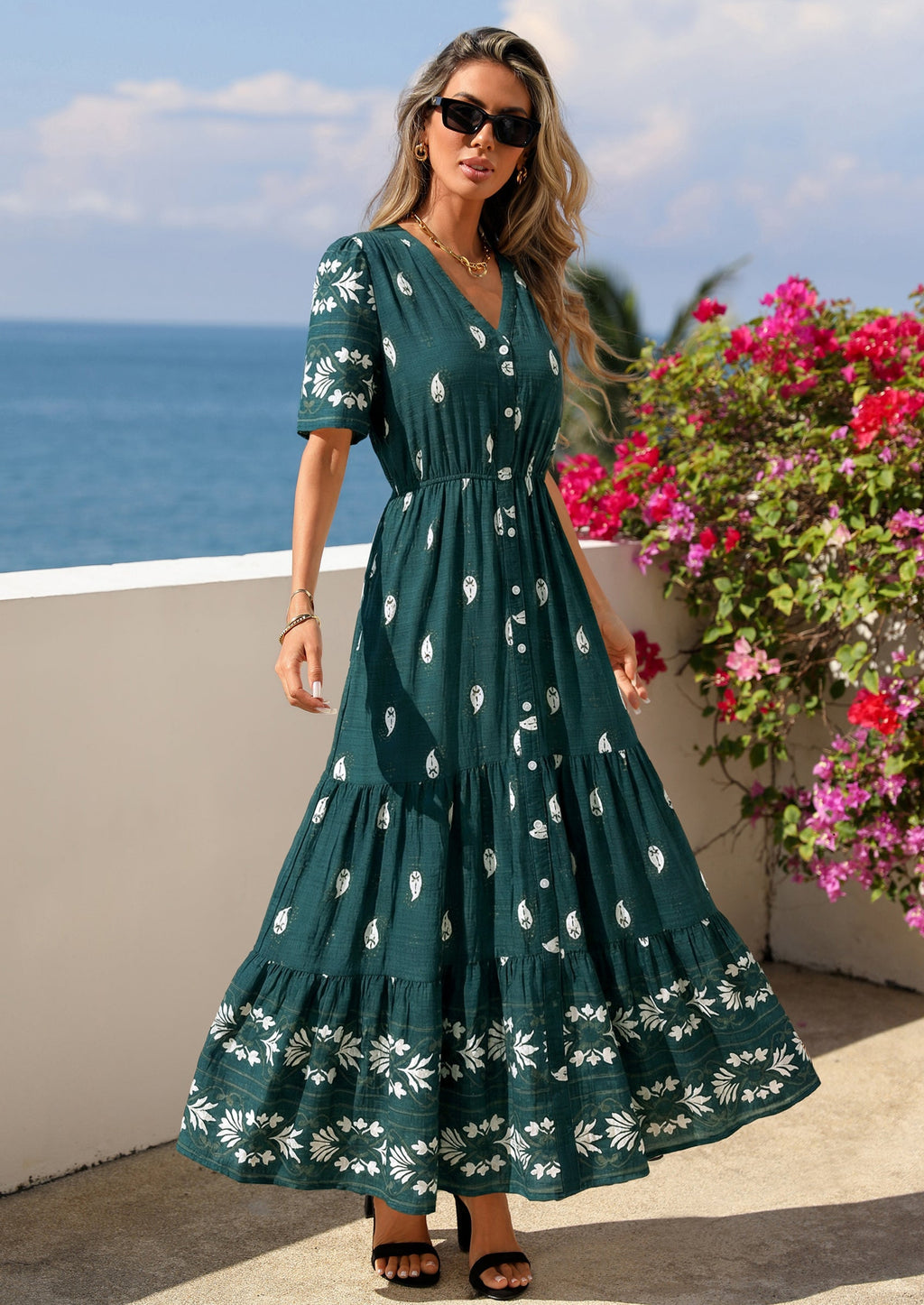 PRETTYGARDEN Womens Summer Boho Maxi Dress Trendy Short Sleeve V Neck Flowy Beach Floral Dresses with Pockets