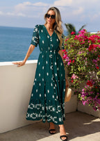 PRETTYGARDEN Womens Summer Boho Maxi Dress Trendy Short Sleeve V Neck Flowy Beach Floral Dresses with Pockets