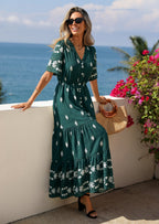 PRETTYGARDEN Womens Summer Boho Maxi Dress Trendy Short Sleeve V Neck Flowy Beach Floral Dresses with Pockets