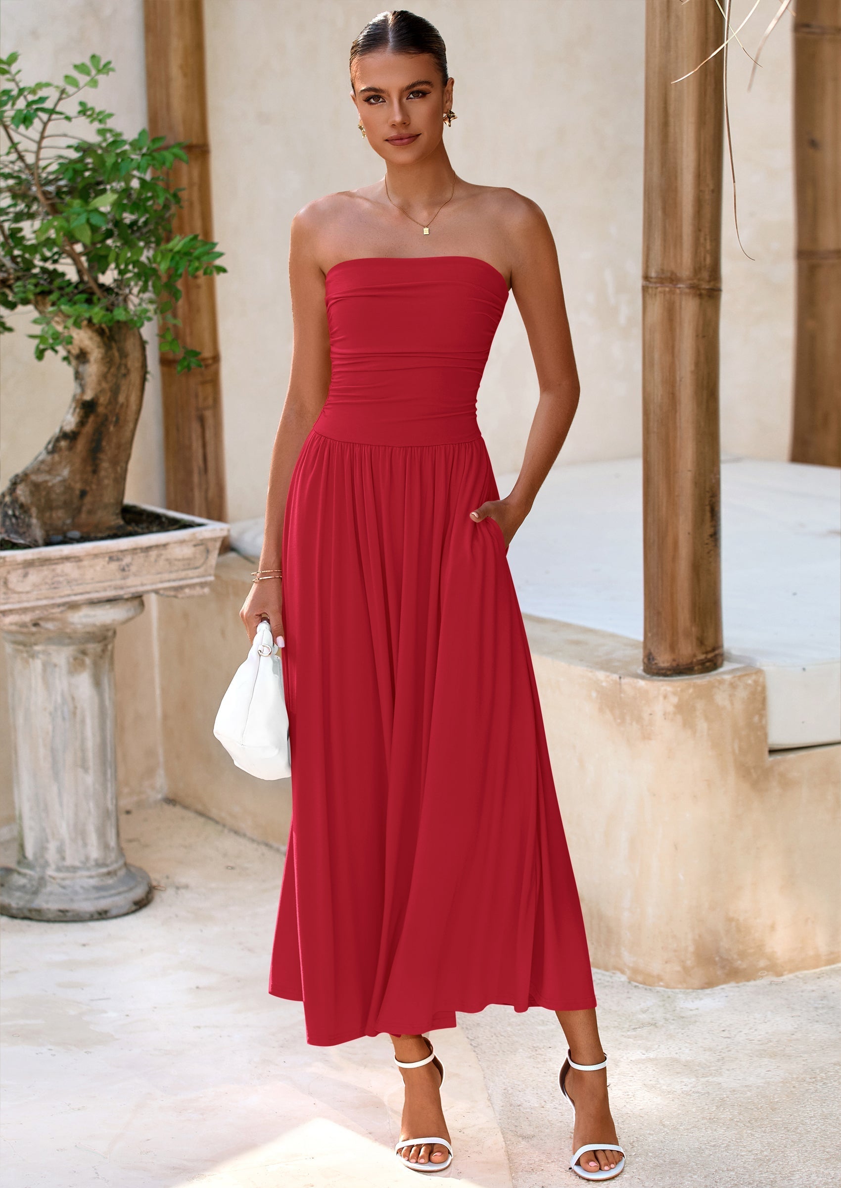 BTFBM Summer Maxi Dresses for Women Strapless Ruched Tube Top Beach Vacation Spring Wedding Guest Dress Pockets
