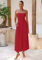 BTFBM Summer Maxi Dresses for Women Strapless Ruched Tube Top Beach Vacation Spring Wedding Guest Dress Pockets