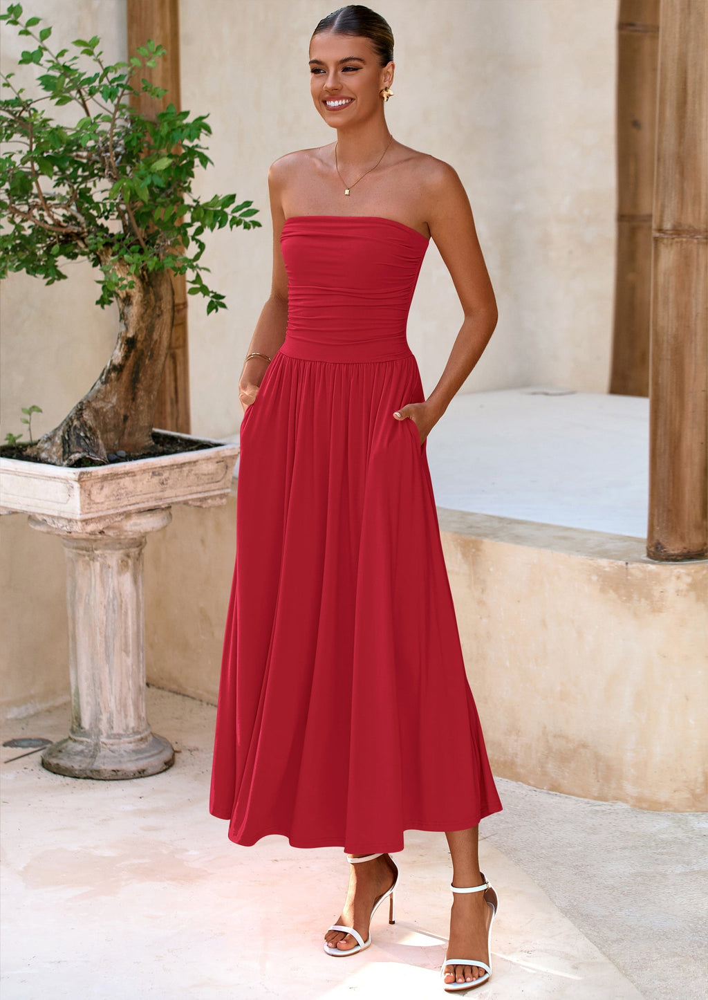 BTFBM Summer Maxi Dresses for Women Strapless Ruched Tube Top Beach Vacation Spring Wedding Guest Dress Pockets