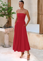 BTFBM Summer Maxi Dresses for Women Strapless Ruched Tube Top Beach Vacation Spring Wedding Guest Dress Pockets