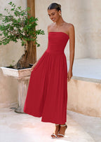 BTFBM Summer Maxi Dresses for Women Strapless Ruched Tube Top Beach Vacation Spring Wedding Guest Dress Pockets