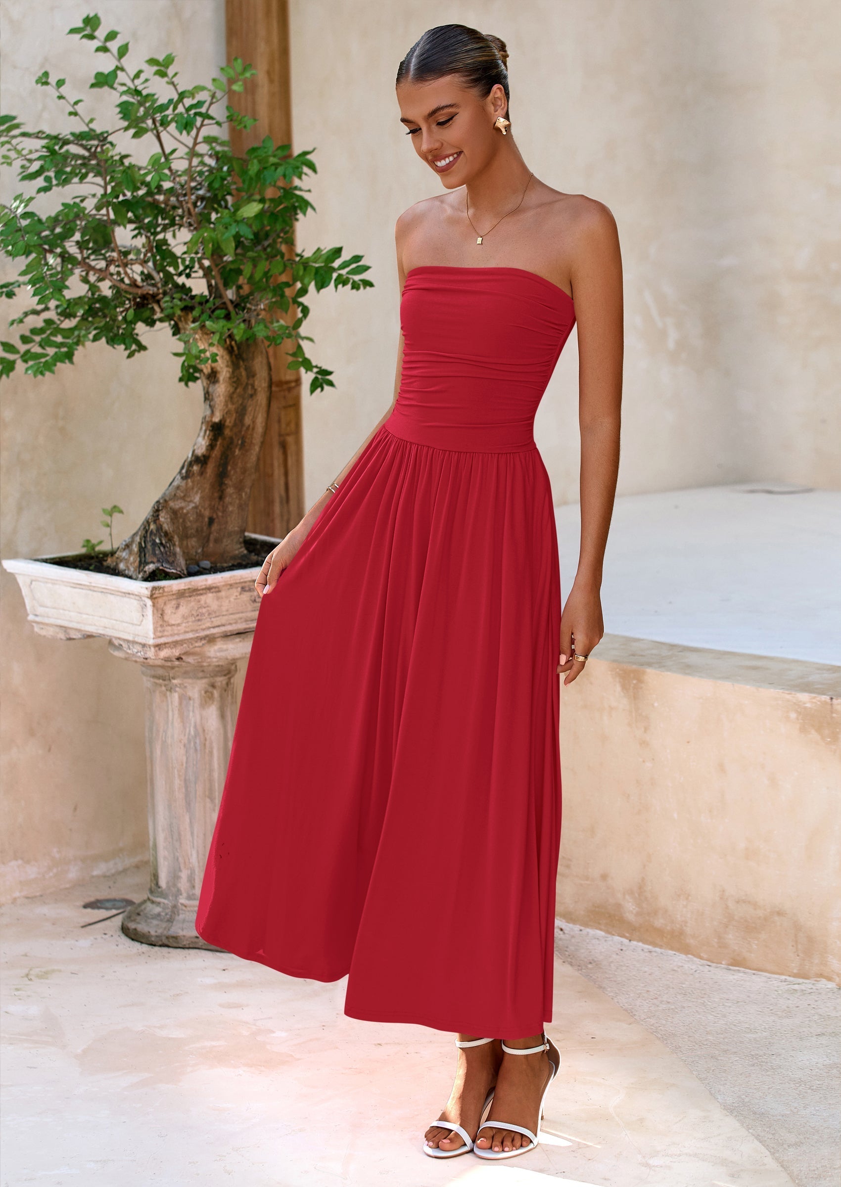 BTFBM Summer Maxi Dresses for Women Strapless Ruched Tube Top Beach Vacation Spring Wedding Guest Dress Pockets