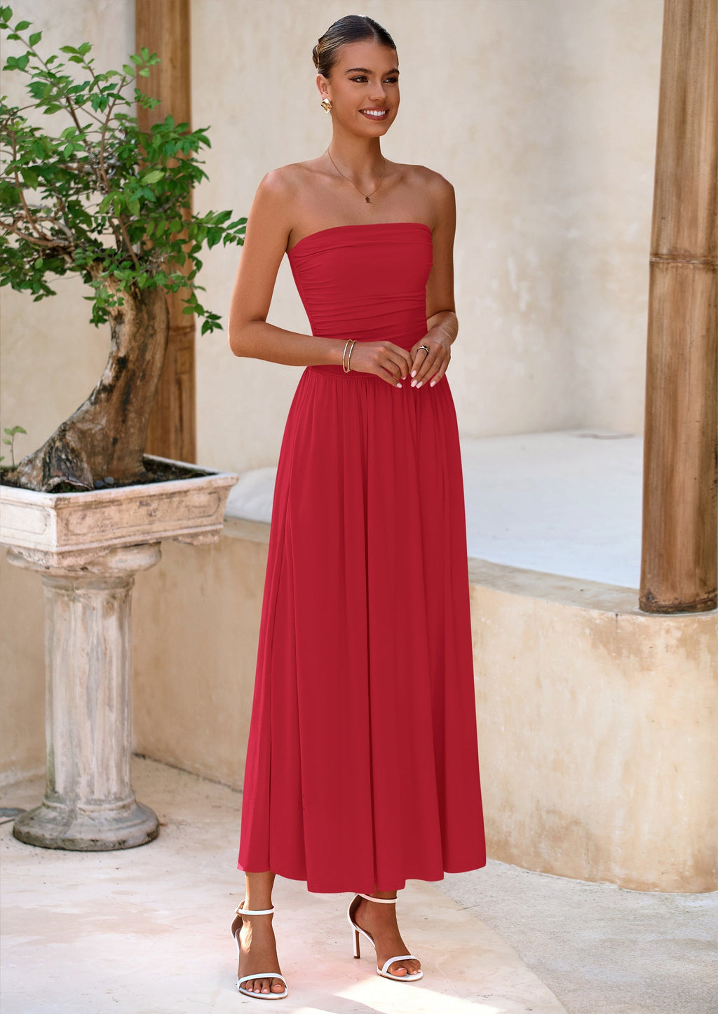 BTFBM Summer Maxi Dresses for Women Strapless Ruched Tube Top Beach Vacation Spring Wedding Guest Dress Pockets