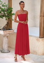 BTFBM Summer Maxi Dresses for Women Strapless Ruched Tube Top Beach Vacation Spring Wedding Guest Dress Pockets