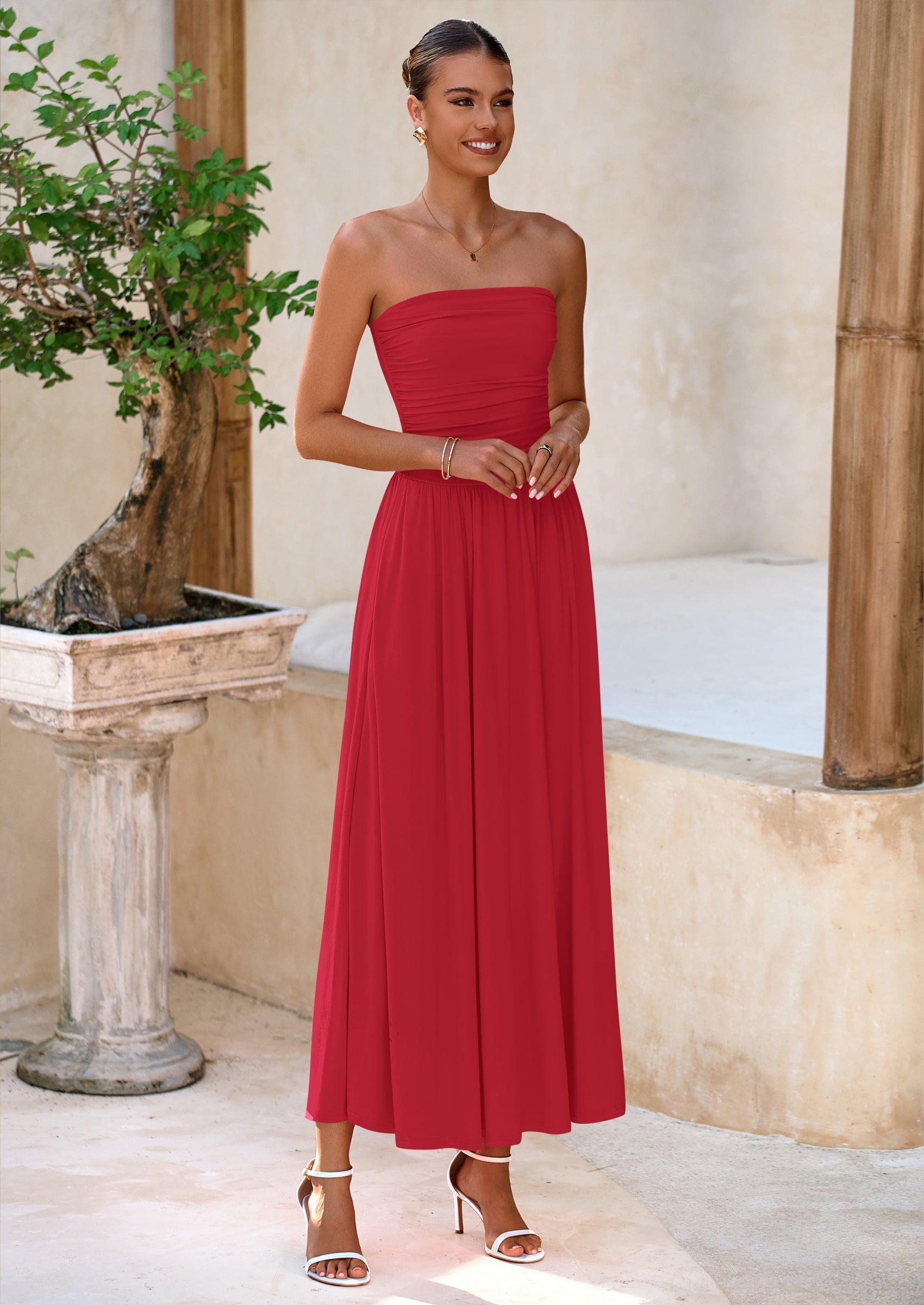 BTFBM Summer Maxi Dresses for Women Strapless Ruched Tube Top Beach Vacation Spring Wedding Guest Dress Pockets