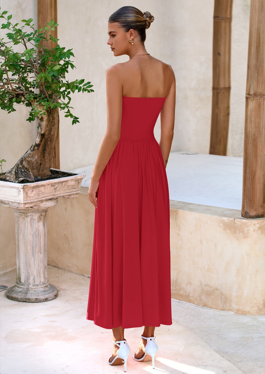BTFBM Summer Maxi Dresses for Women Strapless Ruched Tube Top Beach Vacation Spring Wedding Guest Dress Pockets