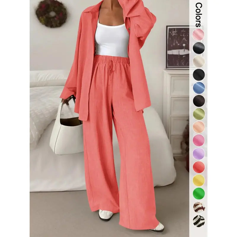 Women's Casual Sporty Shirt and Long Pants Set, Loose Button-Up Top and Wide-Leg Pants Two-Piece Set, Comfortable and Stylish