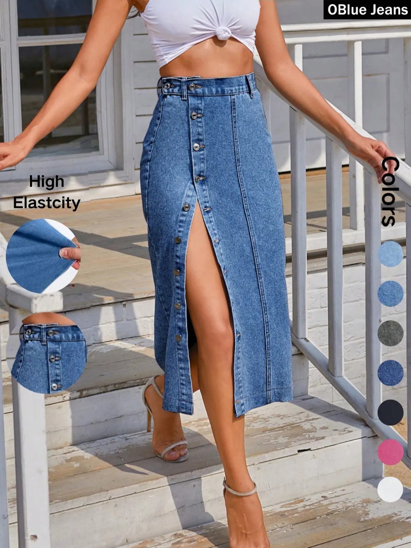 OBlue Jeans Women's  Button Front Light Wash Denim Skirt, Casual Fashion Fitted Skirt for Daily Wear, Ladies Bottoms for All Seasons, T-Chic