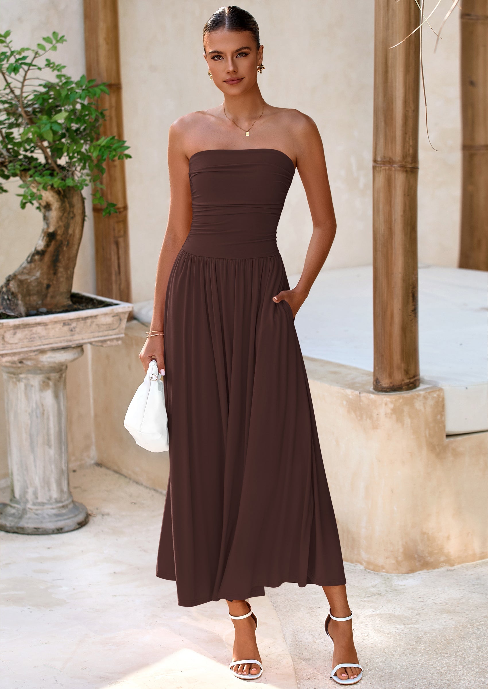 BTFBM Summer Maxi Dresses for Women Strapless Ruched Tube Top Beach Vacation Spring Wedding Guest Dress Pockets