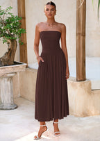 BTFBM Summer Maxi Dresses for Women Strapless Ruched Tube Top Beach Vacation Spring Wedding Guest Dress Pockets