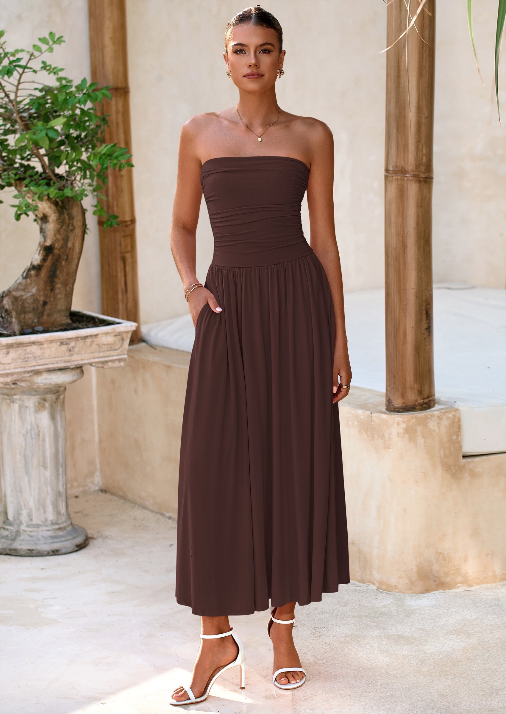 BTFBM Summer Maxi Dresses for Women Strapless Ruched Tube Top Beach Vacation Spring Wedding Guest Dress Pockets