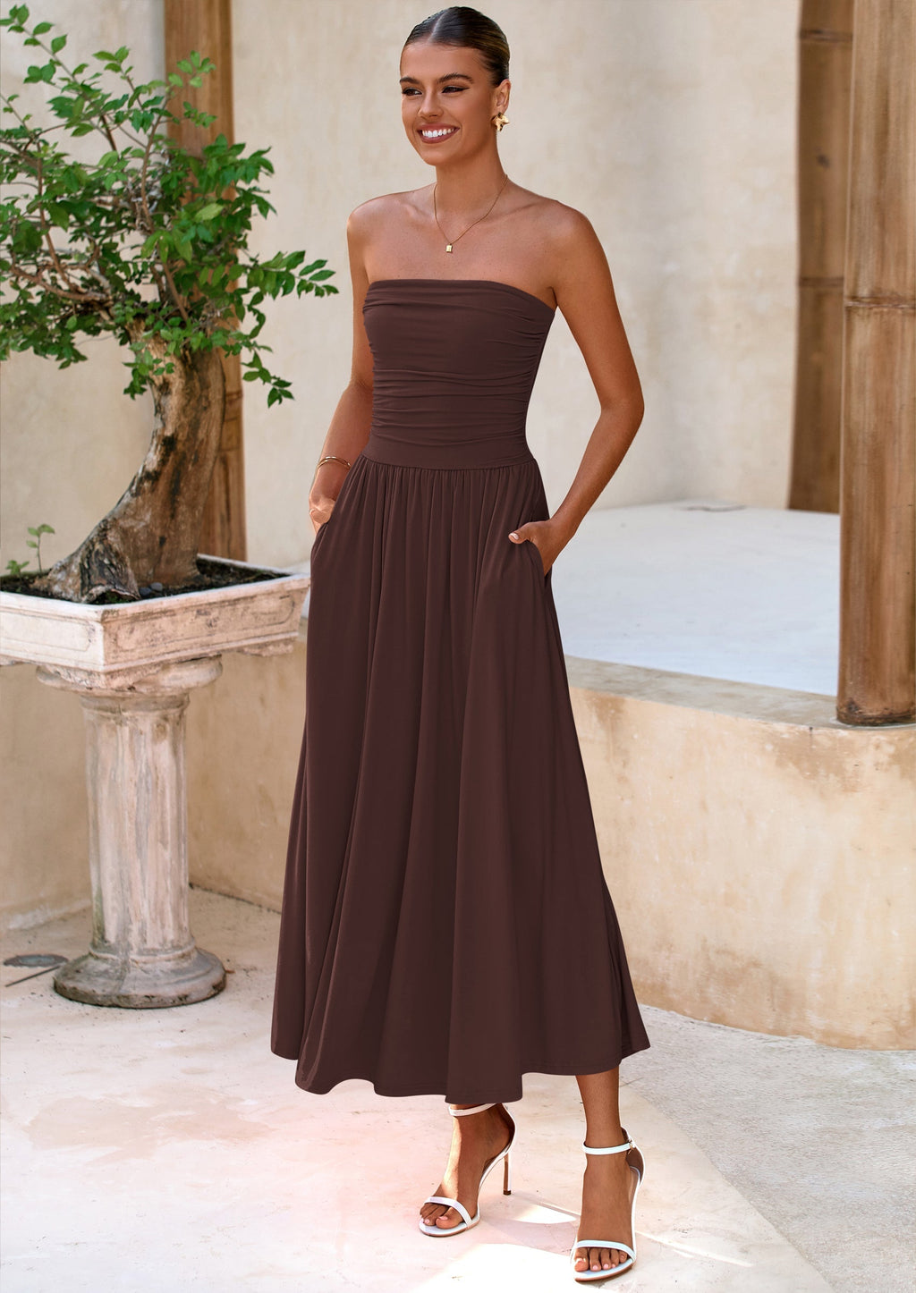 BTFBM Summer Maxi Dresses for Women Strapless Ruched Tube Top Beach Vacation Spring Wedding Guest Dress Pockets