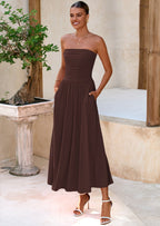BTFBM Summer Maxi Dresses for Women Strapless Ruched Tube Top Beach Vacation Spring Wedding Guest Dress Pockets