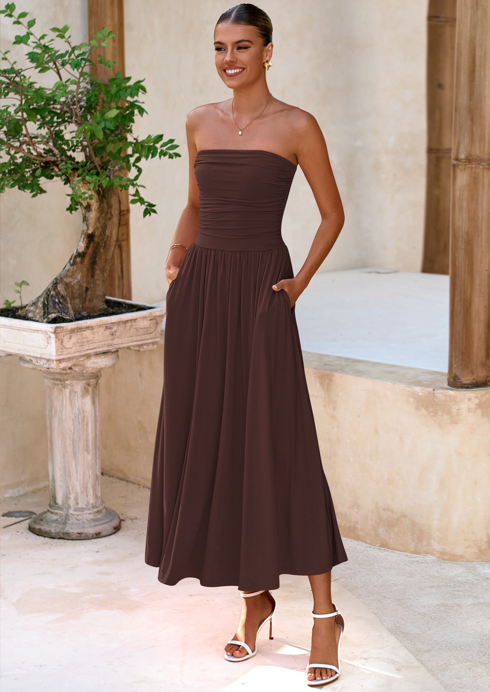 BTFBM Summer Maxi Dresses for Women Strapless Ruched Tube Top Beach Vacation Spring Wedding Guest Dress Pockets