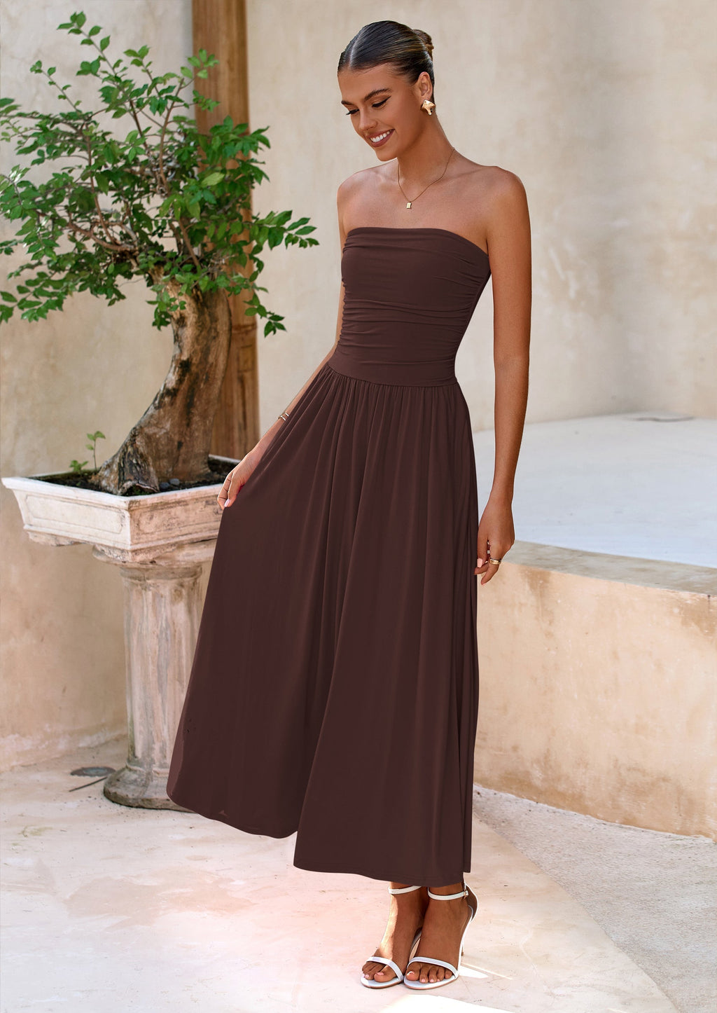 BTFBM Summer Maxi Dresses for Women Strapless Ruched Tube Top Beach Vacation Spring Wedding Guest Dress Pockets