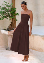 BTFBM Summer Maxi Dresses for Women Strapless Ruched Tube Top Beach Vacation Spring Wedding Guest Dress Pockets