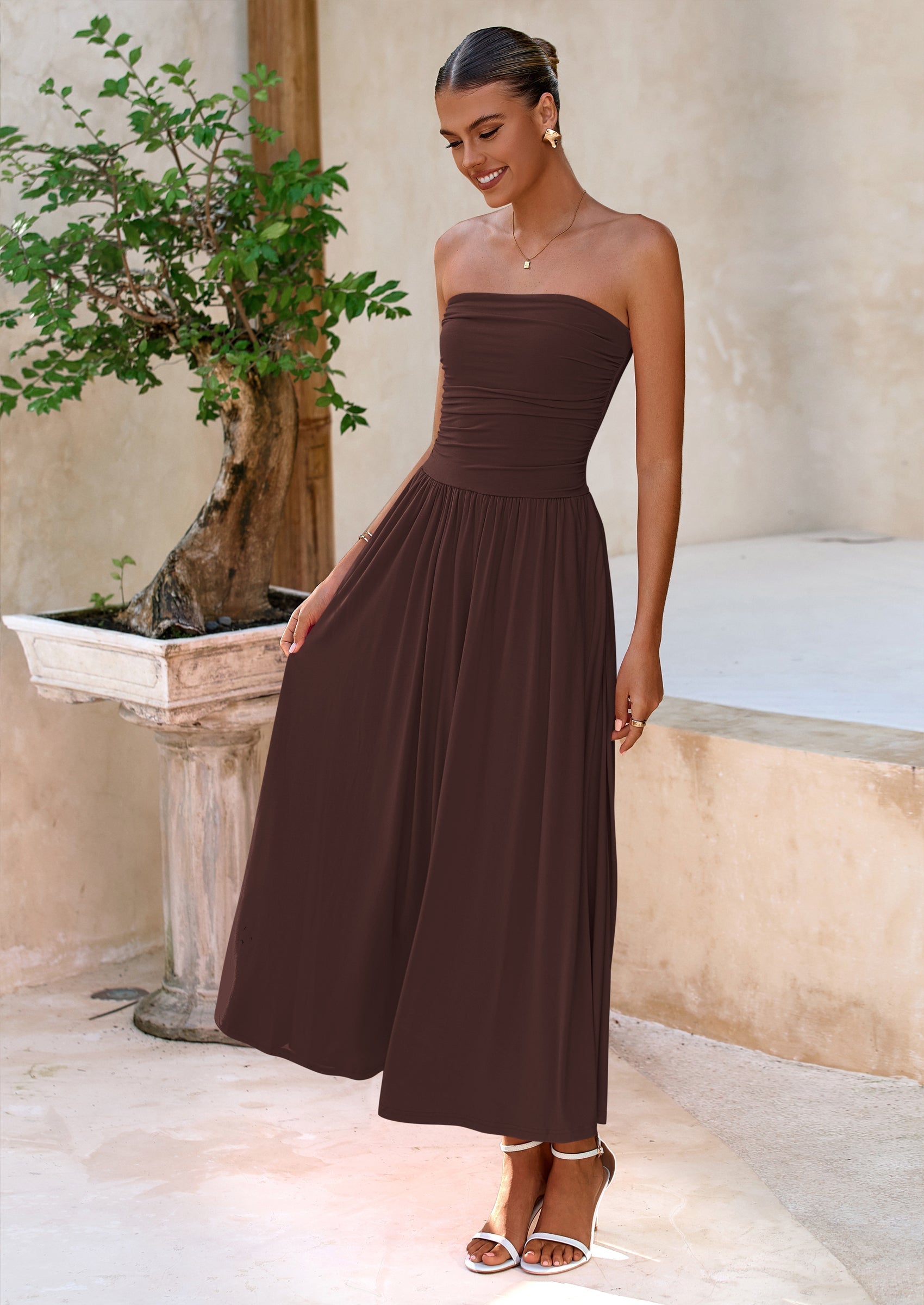 BTFBM Summer Maxi Dresses for Women Strapless Ruched Tube Top Beach Vacation Spring Wedding Guest Dress Pockets