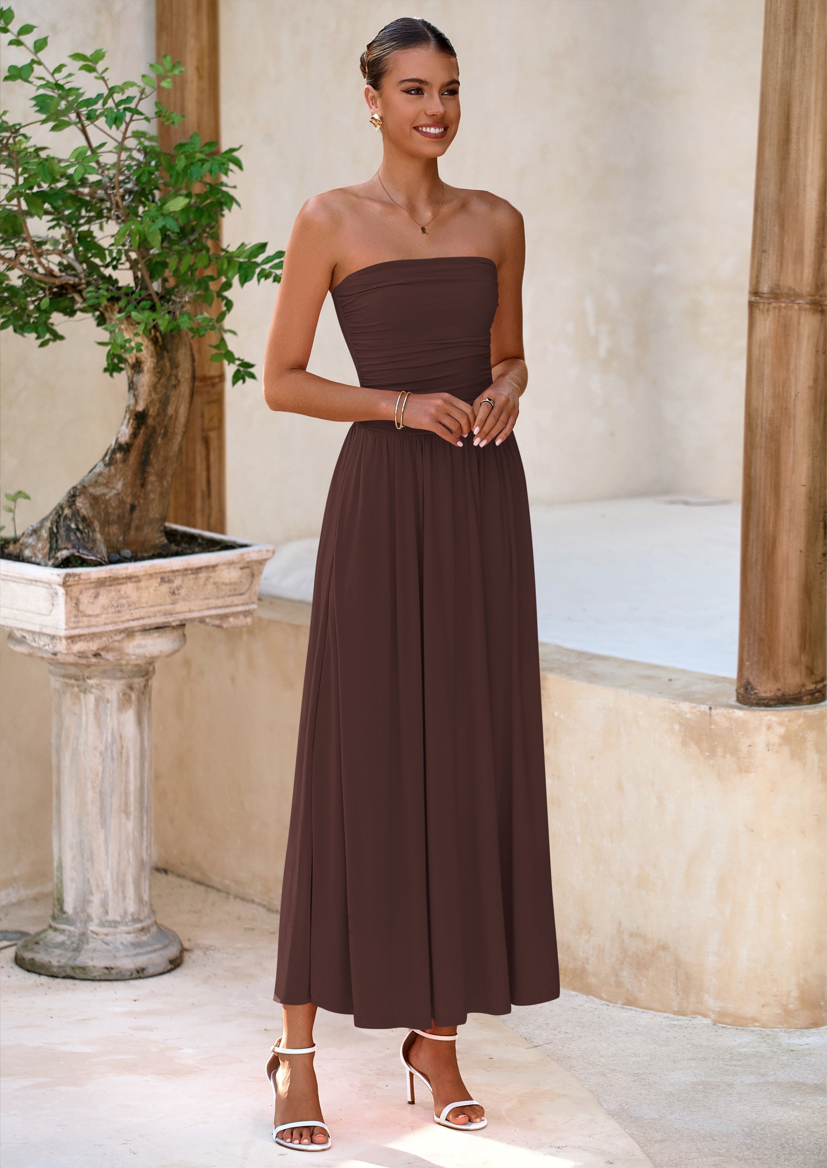 BTFBM Summer Maxi Dresses for Women Strapless Ruched Tube Top Beach Vacation Spring Wedding Guest Dress Pockets
